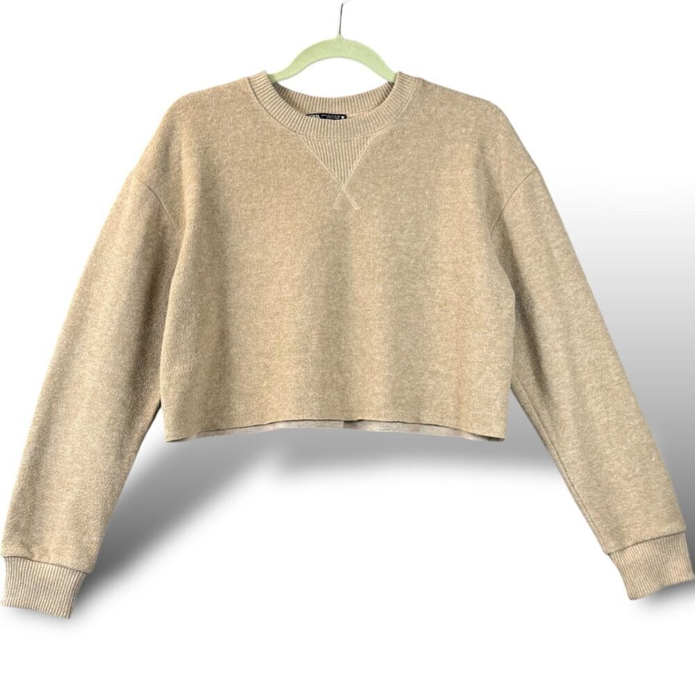 Zara Cropped Sweatshirt Womens Sz M Beige Long Sleeve Crewneck Pullover Sweater